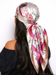 1 Pc Women 90cm Square Satin Scarf With Elegant Floral Print, Fashion Bandana Suitable For Casual And Street Styling As Scarf, Headband, Hair Accessory - Multicolor - View 6
