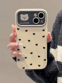 Funda de teléfono con diseño de oso de peluche en forma de corazón negro minimalista, con ventana grande personalizada y diseño de funda protectora suave todo incluido, regalo del Día de San Valentín para iPhone 15 14 13 12 11 Plus Pro Max - Multicolor - Ver 3