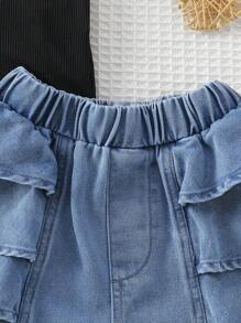 2 件套年轻女孩夏季黑色无袖设计上衣和荷叶边牛仔短裤套装 - 黑色 - 查看 7