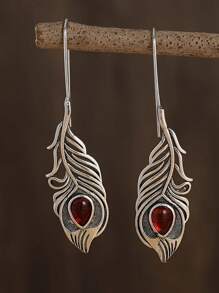 1 paire de boucles d'oreilles rétro créatives en forme de plume avec turquoise pour femmes