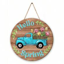 1Pc Welcome Spring Wooden Door Sign Flower Car Wall Hanging Sign For Spring Farmhouse Home Decor,Round Shape Spring Wood Wall Hanging Plaque Sign For Spring Season Theme Party Outdoor Indoor Decorations