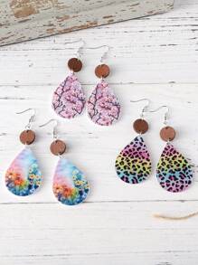 1 Cặp Hoa tai mặt hình giọt nước họa tiết hoa và báo nhiều màu sắc cổ điển dành cho nữ, Hoa tai hai mặt bằng PU cá nhân hóa cho mùa xuân/hè, ngày lễ và Ngày của Mẹ - Nhiều màu - Xem 5