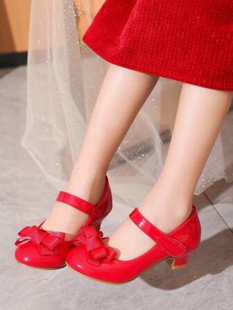 Girls' Solid Color Mirror Material Fashion Heels, 3-Layer Cross Bow Decor On Toe, Suitable For Party And Performance