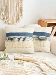 1 件波西米亚风流苏靠垫套，拼布帆布抱枕套（不含枕芯） - 藍色 - 查看 5