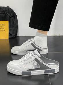 Plus Size Men Fashion Solid Color Single-Layer Lace-Up Slip-On Skate Shoes, Casual Breathable Non-Slip Walking Shoes, With Hook & Loop Fastener, Sports Campus Style Sneakers, Casual Student Shoes - Grey - View 2