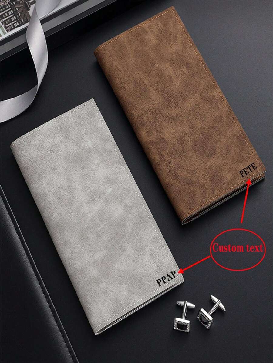 1pc Customizable Long Wallet, Men's Super Slim Casual Multi-Slot Long Wallet Card Holder Purse, Solid Color Retro Style
