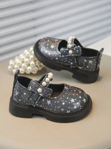 1 Pair Girls' Shiny Patent Leather Loafer Shoes, Spring Pearl And Rhinestone Decorated Flat Shoes Suitable For 1-5 Years Old Girls, Shallow Slip-On Performance Shoes, Cute Crystal Shoes For Kids - Black - View 2