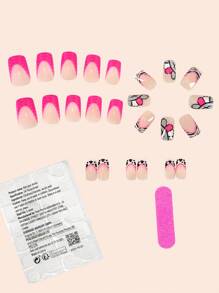Instantly Upgrade Your Look With 24pcs Medium Square Press On Nails Simple And Fashionable Rose Pink Flowers With Black And White Contrasting Colors Daily Whitening Fake Nails Cute French Style Full Cover Fake Nail For Women And Girls 1 Piece Of Jelly Gel+1 File Strip Jelly Gel Random Shipment