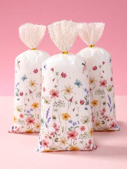 25/50/100个装花卉图案礼品袋，带扭绳，花卉图案礼品包装袋，适用于节日、生日、新娘送礼会、婴儿送礼会、家庭聚会、派对装饰、派对回礼包装塑料袋、礼品桌装饰、精品礼品包装袋、派对小礼物