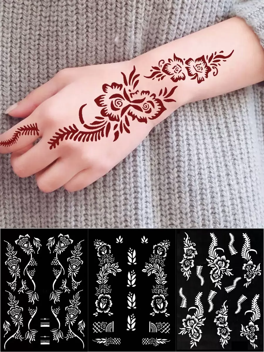 1 hoja de plantilla de tatuaje de henna con diseño floral de hojas, tatuaje temporal reutilizable para decorar manos, pies y Body, adecuado para bodas, festivales y fiestas