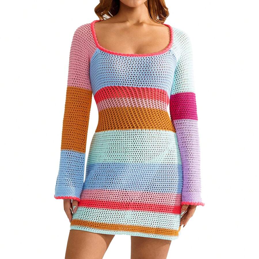 Women Mini Bodycon Dress Cutout Knitted Contrast Color Stripe Long Sleeve Spring Wrapped Dresses - Multicolor - View 1