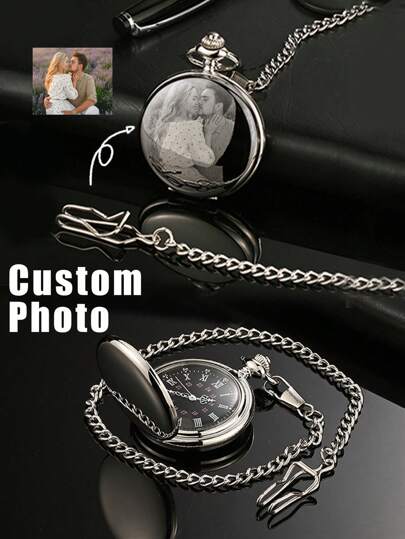 1 pieza Reloj de bolsillo grabado con foto y escritura a mano, adecuado para que mi familia lo dé como regalo del Día de San Valentín para novios, esposos; adecuado para hombres, novios, esposos, para el Día de San Valentín, cumpleaños, aniversario, graduación, boda