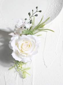 1pc White Airen Rose With Small White Flowers And Green Berries, Elegant Boutonniere Suitable For Groom, Wedding Decoration, Formal Events, Parties