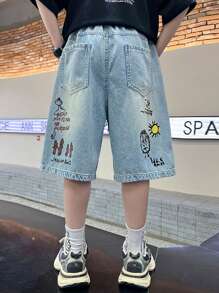 Tween Boys' Ripped Denim Bermuda Shorts With Cartoon Print - Blue - View 1