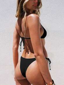 2 件套女士夏季度假泳装套装，露背领口海星金属装饰简约性感比基尼 - 黑色 - 查看 3