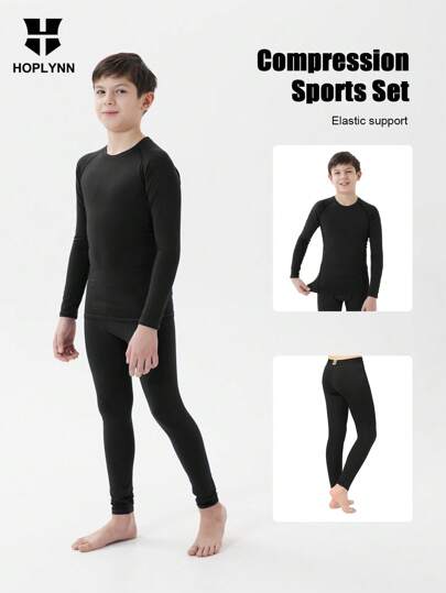HOPLYNN Ensemble compression pour garçon préadolescent avec manches longues, shorts et pantalons de base, séchage rapide pour les entraînements, la course et les sports du printemps et de l'été