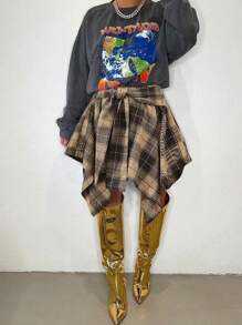 Plus Size Hip Hop Plaid Skirt 2025 - Women's Streetwear Tartan Skirt With Detachable Sleeves, Multi-Color Rap Style Skirt, High Waist A-Line Skirt With Belt (0X-5X) - Màu Khaki - Xem 2