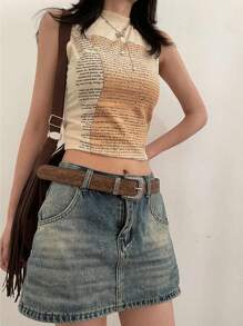 1 pieza Cinturón vintage personalizado con hebilla estampada de moda para mujer en color marrón, adecuado para vaqueros y vestidos