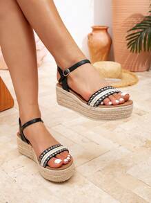 Women's Black Rope Woven Strap Buckle Metal Decor Summer Sandals, Holiday Style Platform Thick Bottom High Heel Sandals, Canvas Sole Wedge Ankle Strap Sandals