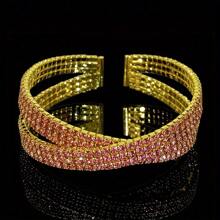 1 pieza Brazalete elegante y lujoso tipo cruzado abierto decorado con piedras de circonita sintética, joyería única de estilo francés para mujer