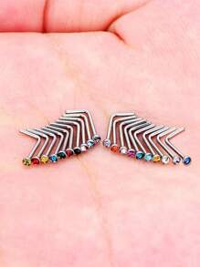 20 piezas de anillos para la nariz en forma de L, curvas, de acero inoxidable de 20 calibre, con cristales, para piercings de nariz de tipo tornillo