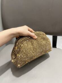 Designer Rhinestone Handmade Evening Clutch Bag, Chain Shoulder/Crossbody Cloud Bag - Gold - View 10
