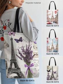 1 Stück Paris Eiffelturm & Lavendel Blume bedruckte Damen Schultertasche, große Kapazität Segeltuch Tasche, modische Lässig Umhängetasche für täglichen Gebrauch, Lebensmitteleinkäufe, Geschenke für Familie