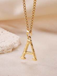 1pc Fashion Creative Bamboo Pattern Stainless Steel A-Z English Letter Pendant Stainless Steel Necklace, Girls Daily Casual Wear Stainless Steel Necklace Collarbone Chain