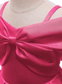 EHOMKIDS Young Girl Solid Color Satin Large Bow Decorated Princess Wedding Party Dress - Rose Red - View 5