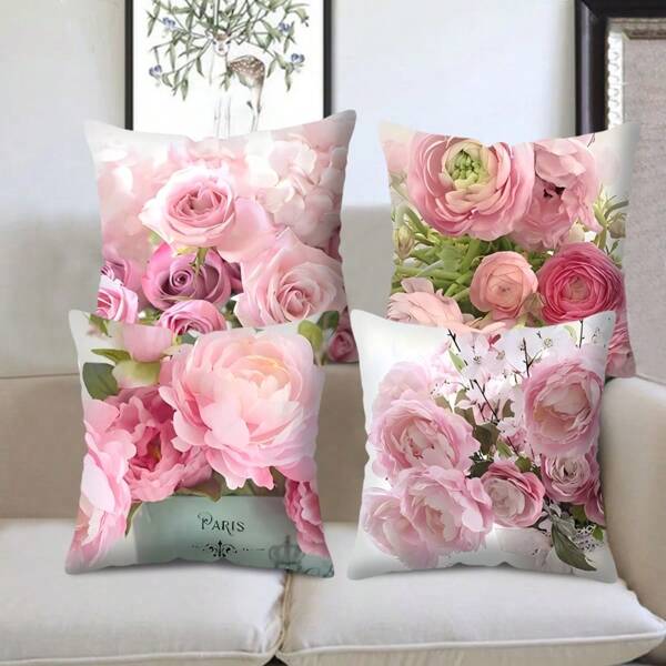 MEMNUN 1 pezzo Federa per cuscino stampata con fiori rosa, in stile floreale rosa, in poliestere, per decorare living, divano, sedia d'ufficio, cuscino lombare, casa e camera, regalo per vacanze e festività, dimensione quadrata 45cm, senza imbottitura