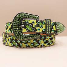 Halloween Bohemian Leopard Pattern Punk Style Rhinestone Studded Skull Design Glitter Waist Belt, Goth Y2k Streetwear Accessory For Pants