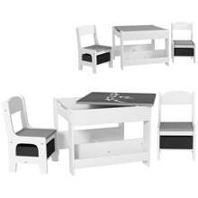HOMCOM 3 Piece Kids Table And Chair Set, 2 In 1 Design Kids Desk And Chair Set With Blackboard, Storage, Bookshelves, For Nursery, Playroom, Classroom - Grey - Grey - View 2