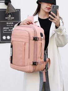 1 pieza Mochila de viaje de moda con diseño de correa para equipaje. Se puede aumentar la capacidad y abrir por completo. Bolsa de trabajo minimalista y portátil con múltiples compartimentos. Mochila escolar personalizada