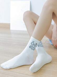 5 双女式白色趣味表情透气排汗休闲中筒袜 - 白色 - 查看 5