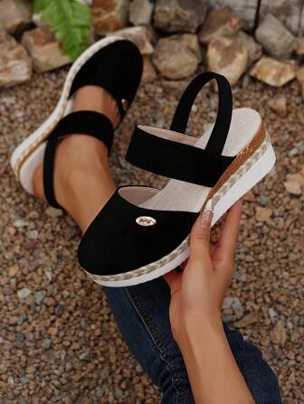 Sandalias de plataforma mujer Mila con punta cerrada, suela de cuerda negra, estilo de playa/exterior, nuevo color bloqueado, sandalias romanas con banda elástica, verano