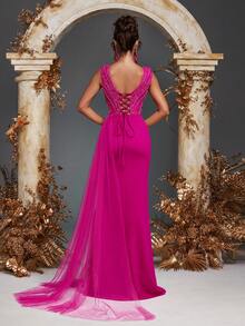 优雅奢华 V 领透明无袖蕾丝贴花亮片鱼尾下摆开衩薄纱长裙晚宴派对婚礼宾客伴娘舞会礼服，适用于婚礼、晚宴、鸡尾酒会、度假、舞会、节日、晚礼服、正式礼服 - 玫紅色 - 查看 2