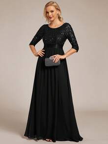 Contrast Sequin Bodice Chiffon Prom Evening Dress - Black - View 4