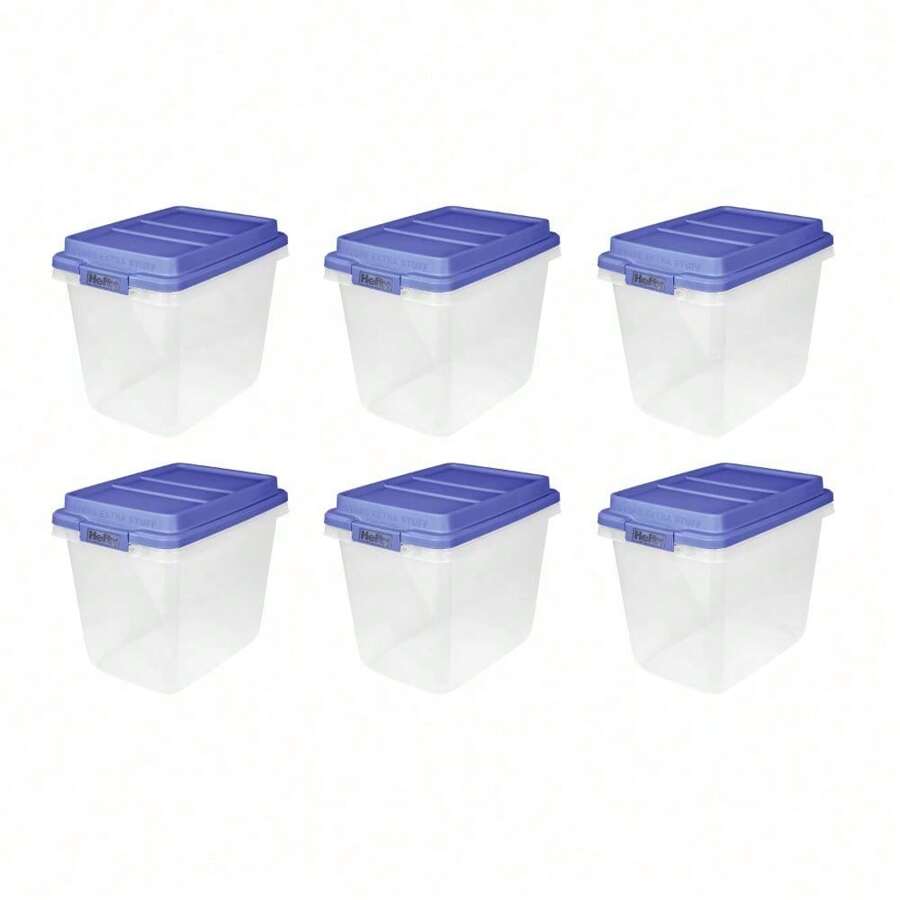 32 Qt. Clear Plastic Storage Bin With Blue HI-Rise Lid, 6 Pack