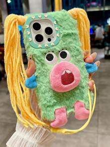 New Fashionable Cartoon Funny Cute Plush DIY Braid Expression Phone Case, Compatible With Apple 11/12/13/14/15/16/17 Pro/Pro Max, Shock-Proof Protection
