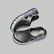 Men's Anti-Slip Lightweight Breathable EVA Casual Slippers, New Style Painted Pattern Open-Toe Thick Sole Dual-Wear Sandals, Comfortable Design, Outdoor Style Breathable Sandals, Suitable For Sports Enthusiasts, Beach-Goers And Water Activities, Multi-Color High-Aesthetic Slippers - Black - View 4