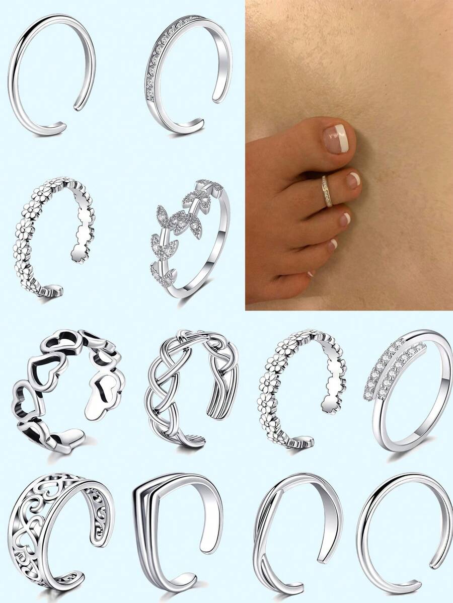 Toe Rings For Women Adjustable Open Toe Rings With Anklet Set CZ Flower Toes Ring For Summer Beach Foot Jewelry 2pcs - Silvery - View 1
