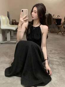 夏季女士独特设计吊带连衣裙，新款娇小长款派对连衣裙黑色 - 黑色 - 查看 1