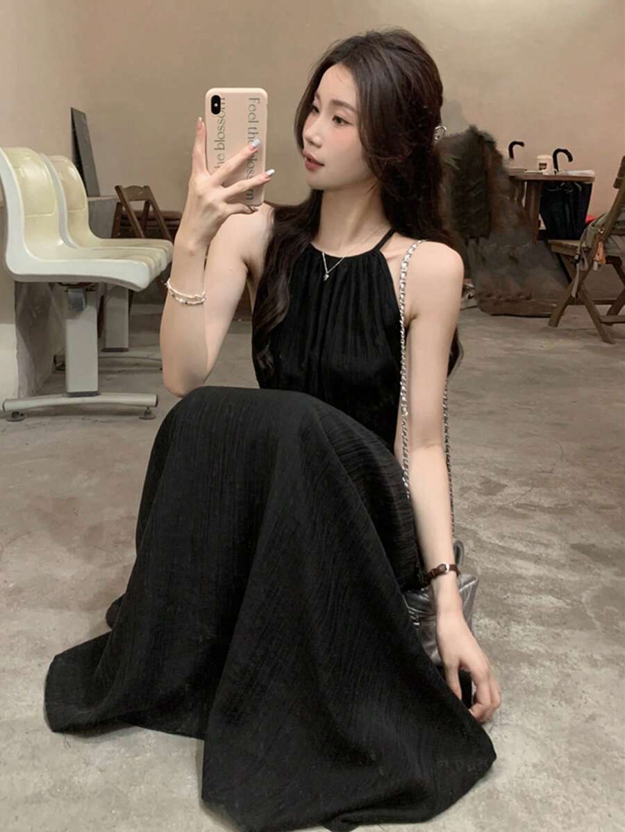 夏季女士独特设计吊带连衣裙，新款娇小长款派对连衣裙黑色 - 黑色 - 查看 1