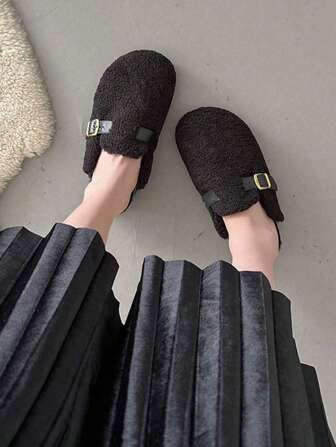 女士保暖羊毛套脚拖鞋，包头后跟厚底厚底凉鞋，适合户外穿着