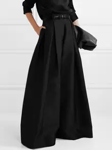 UREREM Women's Urban Casual Summer Loose Fit Pants - Waistband-Less Wide Leg Pants, 120G Woven Fabric - Black - View 1