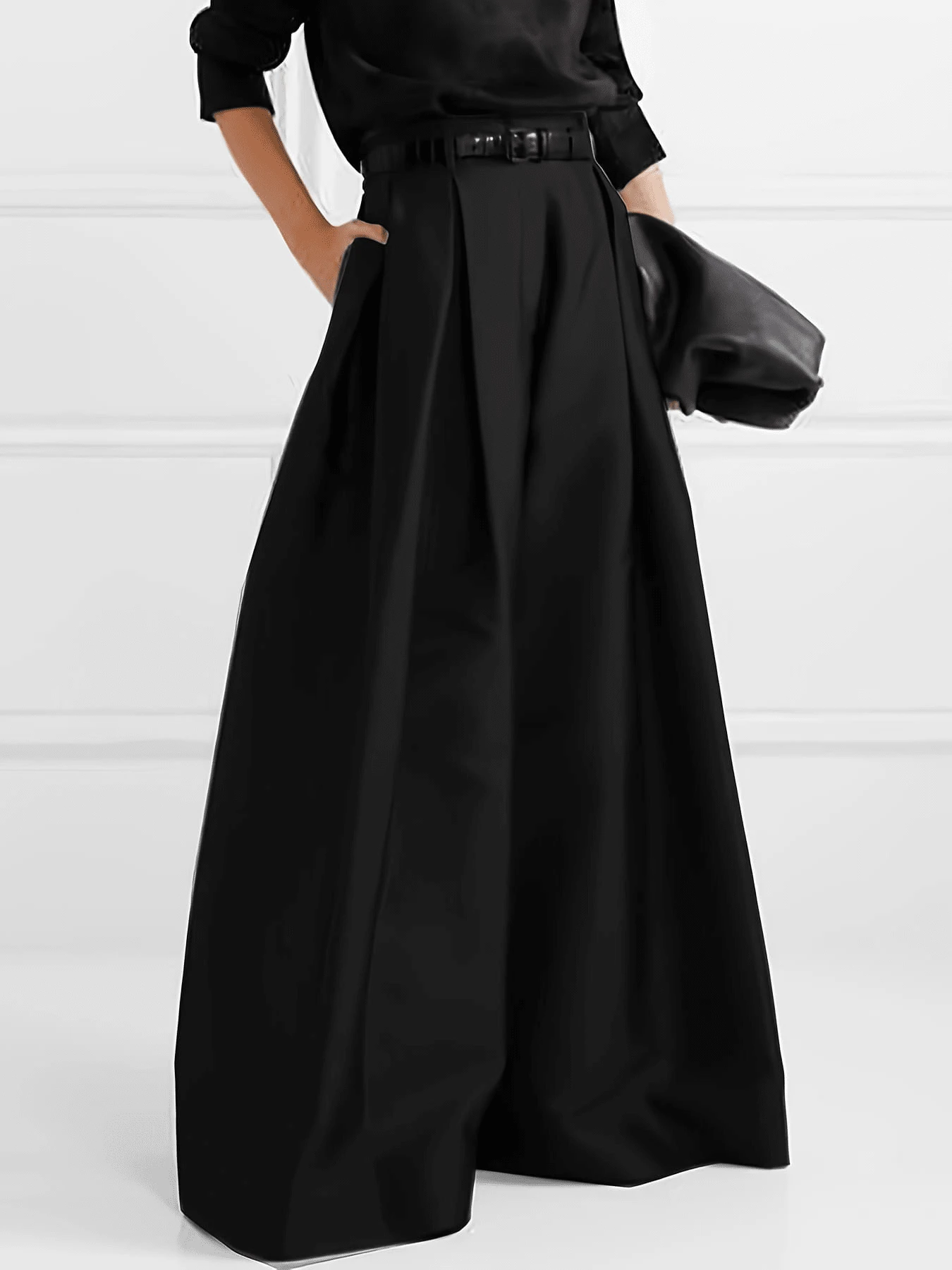 UREREM Women's Urban Casual Summer Loose Fit Pants - Waistband-Less Wide Leg Pants, 120G Woven Fabric - Black - View 1