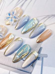 10 Nail Pieces Almonds Pure Handmade Super Beautiful High-End Gentle Style Multicolor Thin Flash Mirror Powder Aurora Hand Pinch Flower Hand-Painted Ribbon Gilded Belt Faux Pearl Press-On Nails Suitable For Girls And Women Press On Nails Nail Supplies Nails - Multicolor - View 4