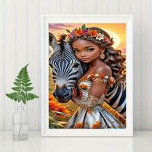 2025 年新款热销动漫主题 5D DIY 钻石画套装，斑马与花卉女人，圆形亚克力钻石，马赛克艺术套装，全钻墙面装饰 - 彩色 - 查看 3