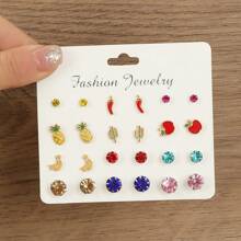 12-24 对/包极简主义珐琅水果形合金耳钉套装，优雅的设计适合日常佩戴和送礼，欧美风格 - 彩色水鑽 - 查看 9