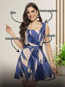 Blue Printed Dress With Pleated Skirt And Square Neckline - Blue - View 5